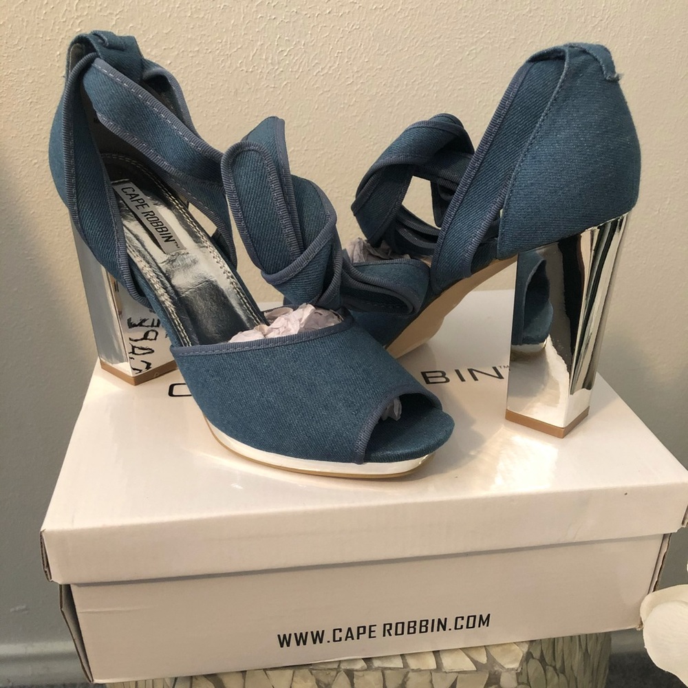 Blue denim open-toe wrapped around sandals